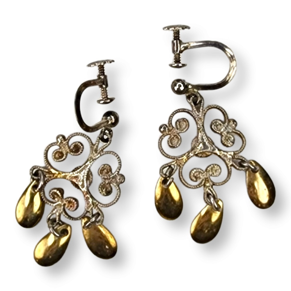 Vintage 830 Silver and Gold Vermeil Filagree Dangle Screwback Earrings‎ Signed